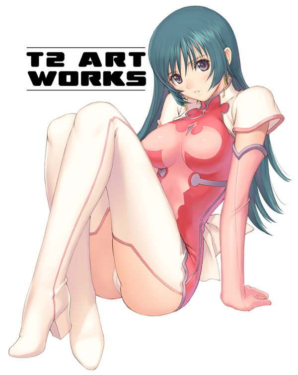 tony taka, kotona elegance, zoids, zoids genesis, 00s, 1girl, arm support, blue eyes, boots, bow, china dress, chinese clothes, dress, elbow gloves, female focus, gloves, green hair, jacket, large bow, long hair, panties, pantyshot, pink gloves, pink thighhighs, red dress, red skirt, short dress, sitting, skirt, solo, thigh boots, thighhighs, underwear, white boots, white panties
