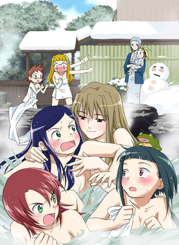 alyssa searrs, fujino shizuru, kikukawa yukino, kuga natsuki, miyu greer, okuzaki akira, suzushiro haruka, yuuki nao, my-hime, spoilers, 00s, 6+girls, blunt bangs, blush, japanese clothes, kimono, multiple girls, naked towel, onsen, pointing, pointing at another, swept bangs, towel, yukata, yuri