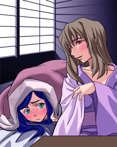 mura, mura (kiyohime), fujino shizuru, kuga natsuki, my-hime, 00s, 2girls, :/, blanket, blue hair, blush, brown hair, futon, green eyes, indoors, japanese clothes, kimono, long sleeves, lying, multiple girls, nose blush, parted lips, red eyes, sash, short hair, sitting, smile, table, wide sleeves, window, yuri