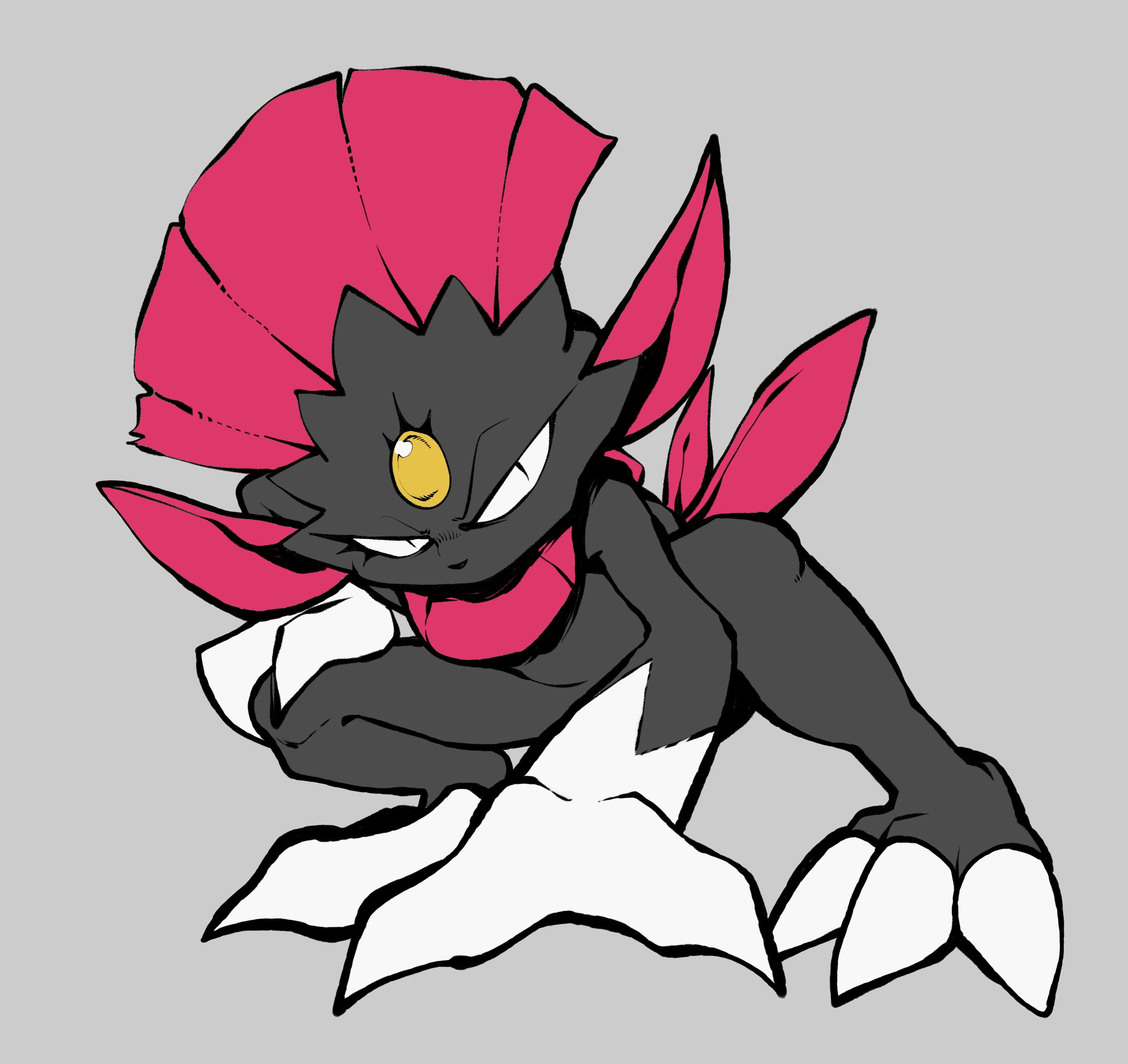 weavile, nintendo, pokemon, absurdres, highres, black fur, claws, full body, gen 4 pokemon, grey background, kiobarts, looking at viewer, no humans, pokemon (creature), simple background, solo