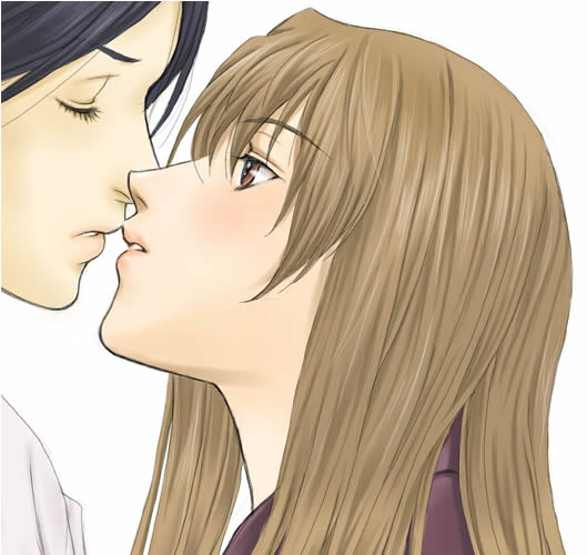 mico3, fujino shizuru, kuga natsuki, my-hime, 00s, 2girls, black hair, blue hair, brown eyes, brown hair, closed eyes, couple, face-to-face, imminent kiss, japanese clothes, kimono, kiss, multiple girls, parted bangs, portrait, profile, simple background, white background, yukata, yuri