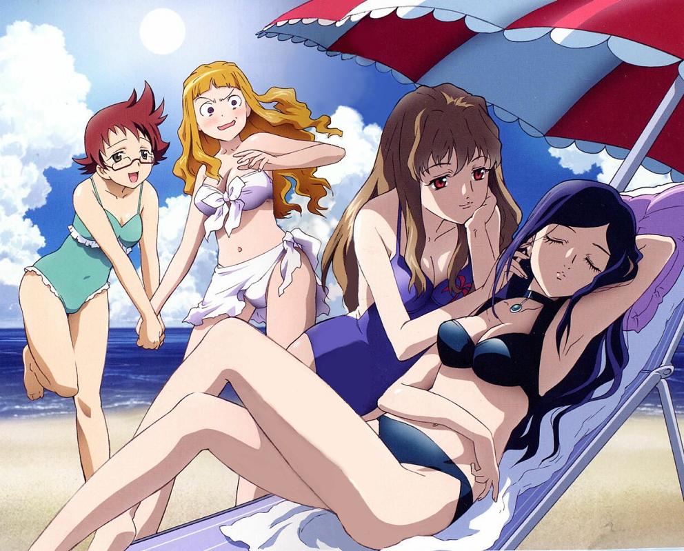 fujino shizuru, kikukawa yukino, kuga natsuki, suzushiro haruka, my-hime, jpeg artifacts, 00s, 4girls, beach, bikini, breasts, cleavage, cloud, day, medium breasts, multiple girls, outdoors, swimsuit, yuri