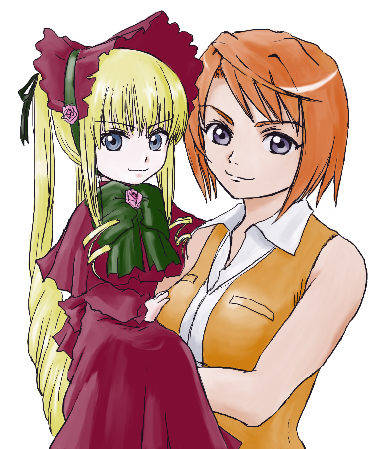 shinku, tokiha mai, my-hime, rozen maiden, 2girls, blonde hair, crossover, groping, multiple girls, orange shirt, parody, school uniform, serafuku, shirt