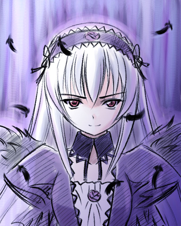 masakichi (crossroad), suigintou, rozen maiden, silver hair, 00s, 1girl, colored skin, feathers, female focus, pale skin, red eyes, solo, white skin