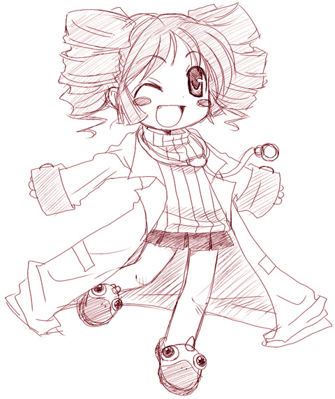yokoshima tsumugi, youen, yogurting, 1girl, blush stickers, chibi, chibi only, doctor, drill hair, fang, female focus, lab coat, monochrome, one eye closed, outstretched arms, short hair, skirt, slippers, solo, spread arms, stethoscope, sweater, turtleneck, twin drills, twintails, wink