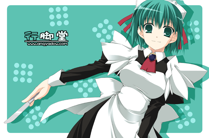 shikei, sike, original, 1girl, ascot, female focus, green eyes, green hair, hair ribbon, jewelry, knife, maid, matching hair/eyes, ribbon, solo