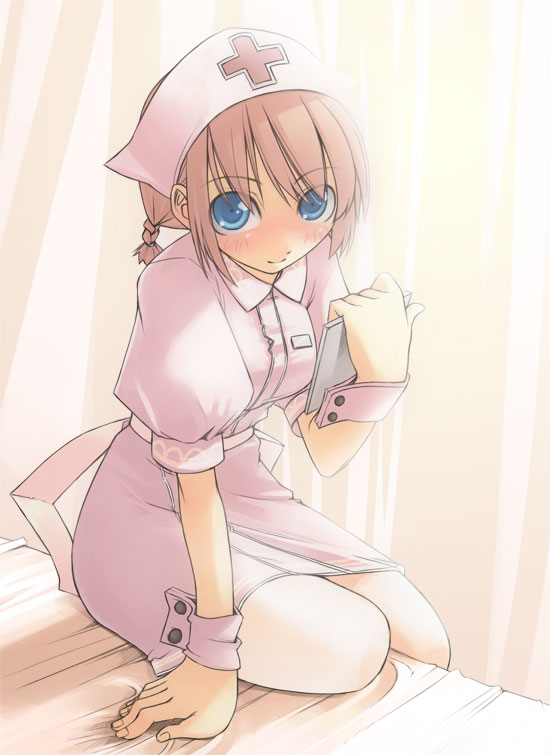 jirou (chekoro), original, 1girl, arm support, bed sheet, belt, blue eyes, blush, braid, brown hair, cross, curtains, dress, female focus, hat, looking at viewer, nurse, nurse cap, on bed, pantyhose, pink dress, puffy short sleeves, puffy sleeves, short hair, short sleeves, single braid, sitting, solo, thighhighs, white pantyhose, wrist cuffs