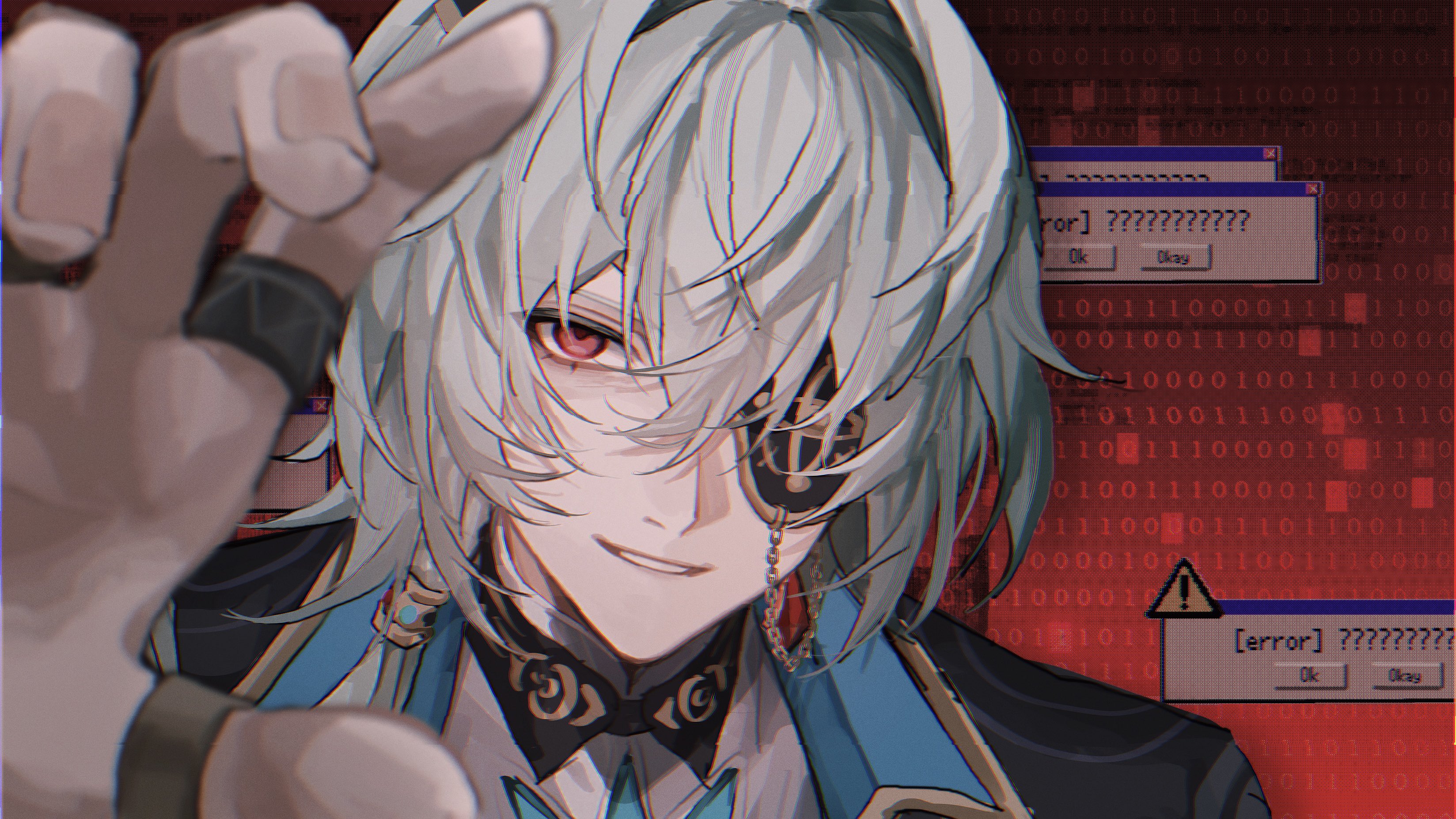 anaxa (honkai: star rail), honkai: star rail, honkai (series), absurdres, highres, 1boy, aqua hair, black jacket, eyepatch, fz7047, glitch, grin, hair intakes, hand up, jacket, lapels, looking at viewer, male focus, mandarin collar, medium hair, notched lapels, red background, red eyes, shirt, side ponytail, smile, solo, teeth, upper body, white shirt