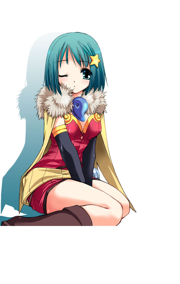 kusakabe rei, alchemist (ragnarok online), ragnarok online, fur, 1girl, alchemist, between legs, blush, cape, dress, elbow gloves, female focus, gloves, green eyes, green hair, hair ornament, hairclip, magatama, matching hair/eyes, one eye closed, short dress, short hair, silhouette, simple background, sitting, solo, star (symbol), thighs, v arms, white background