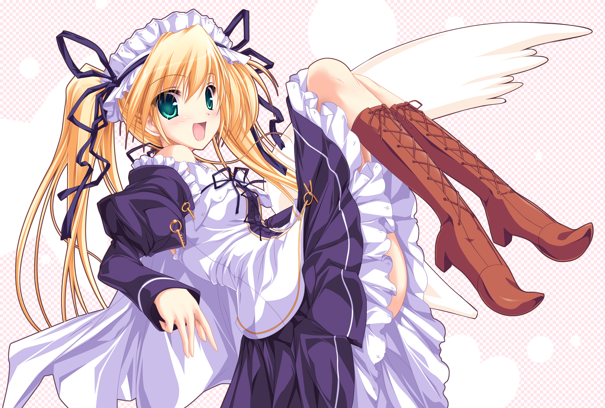 tenmaso, hiiragi anri, happiness!, highres, 00s, 1girl, :d, blonde hair, blush, boots, female focus, green eyes, hair ribbon, long hair, maid, open mouth, ribbon, smile, solo, twintails