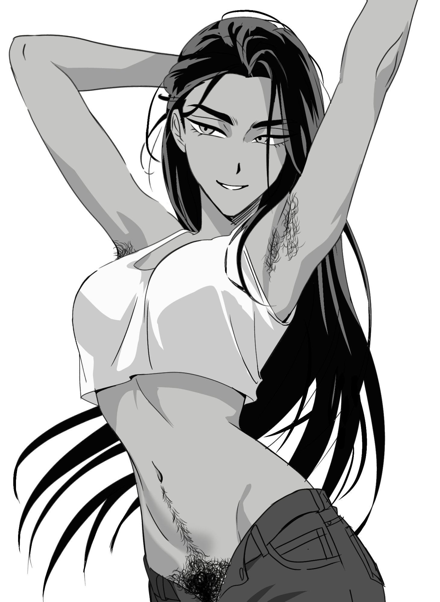 hyuna (alien stage), alien stage, commentary, english commentary, highres, 1girl, arm behind back, arm up, armpit hair, armpits, caramel fucks, cowboy shot, crop top, female pubic hair, greyscale, long hair, monochrome, navel, open fly, pubic hair, smile, solo, very long hair