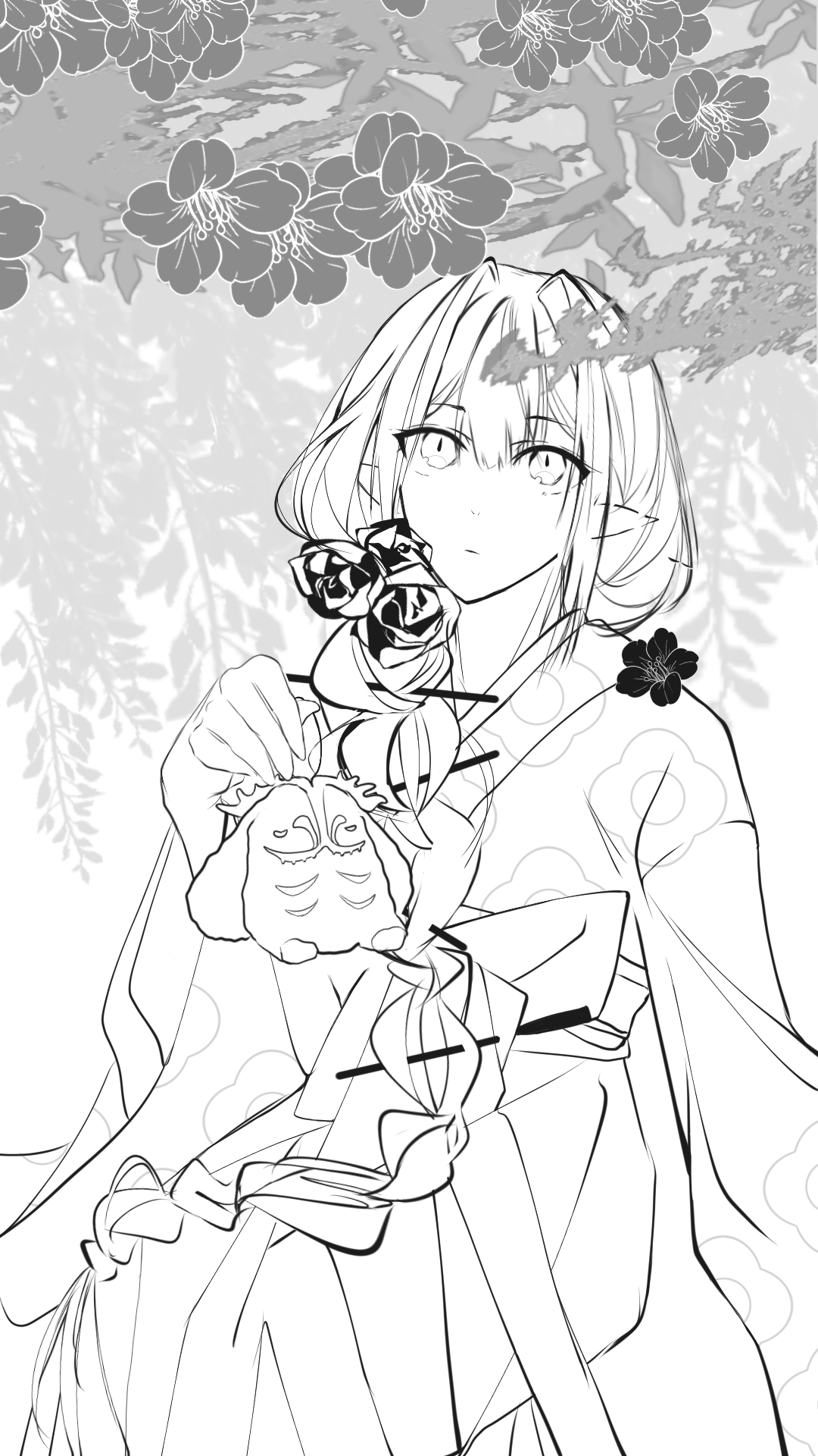 baobhan sith (fate), cernunnos (fate), fate/grand order, fate (series), highres, 1girl, baobhan sith (over the same sky) (fate), braid, flower, hutaoahutao, japanese clothes, kimono, lineart, long hair, looking up, pointy ears, sitting, solo, stuffed toy