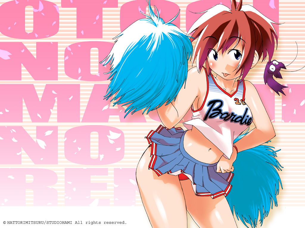 hattori mitsuru, otogi no machi no rena, duplicate, 1girl, :p, blush, cheerleader, clothes writing, female focus, leaning forward, midriff, miniskirt, navel, panties, pantyshot, pom pom (cheerleading), red hair, red panties, short hair, skirt, solo, standing, tongue, tongue out, underwear