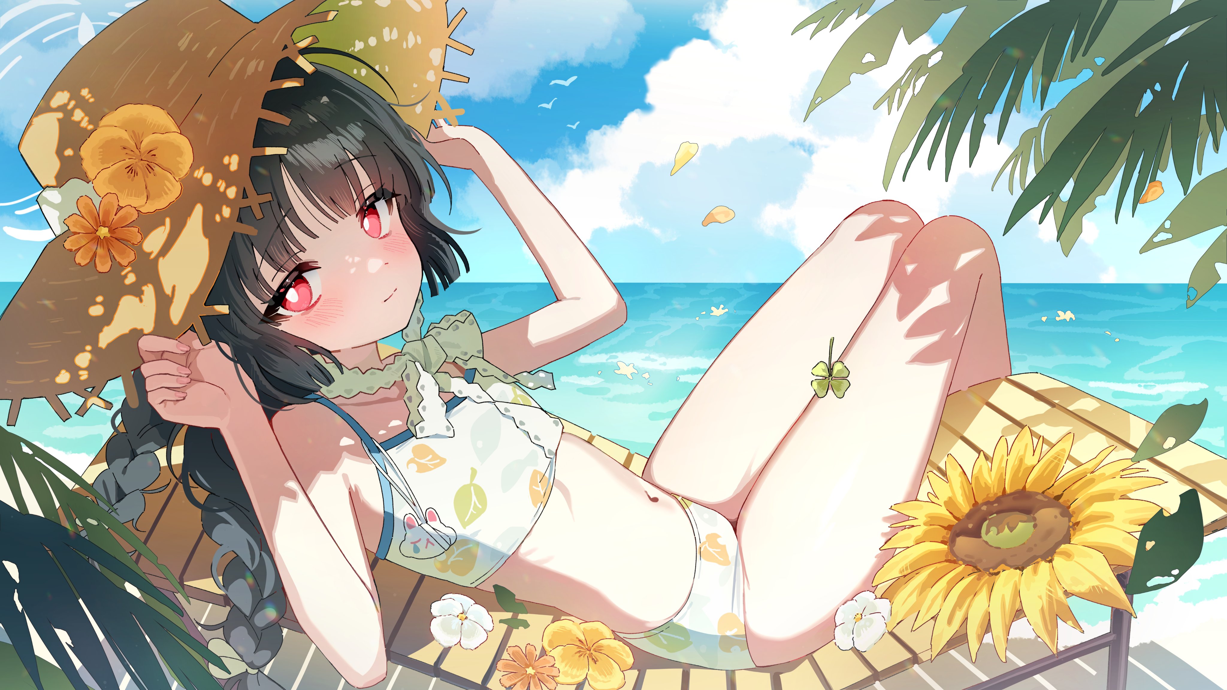 miisan, miyu (blue archive), miyu (swimsuit) (blue archive), blue archive, absurdres, highres, 1girl, adjusting clothes, adjusting headwear, bare shoulders, beach, bikini, black hair, blue sky, blunt bangs, braid, bright pupils, cloud, cloudy sky, clover, day, dot nose, falling petals, fingernails, flat chest, flower, flower hat, four-leaf clover, hat, leaf print, light blush, long hair, looking at viewer, lying, navel, official alternate costume, official alternate hairstyle, on back, orange flower, petals, red eyes, ribs, sky, smile, solo, straw hat, sunflower, swimsuit, thighs, twin braids, water, white bikini, yellow flower