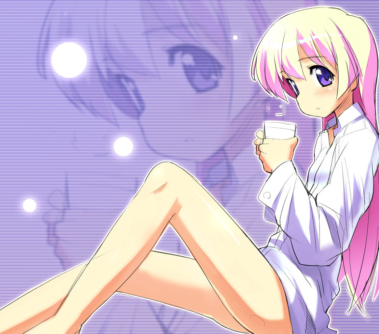 sikorsky, rebecca miyamoto, pani poni dash!, 00s, 1girl, ass, blonde hair, cup, expressionless, female focus, full body, legs, long hair, looking at viewer, naked shirt, open mouth, purple background, purple eyes, shirt, sitting, solo, very long hair, zoom layer
