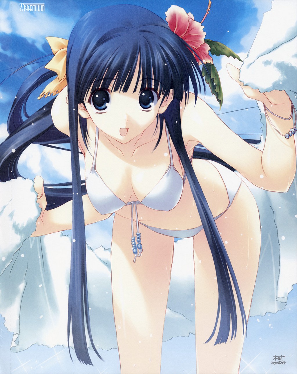 nakamura takeshi, kusakabe yuuki (to heart 2), to heart (series), to heart 2, to heart 2 xrated, highres, official art, scan, 00s, 1girl, :d, armpits, beads, bent over, bikini, blue eyes, blue hair, bow, bracelet, breasts, breasts apart, cleavage, cloud, dated, day, female focus, flower, front-tie bikini top, front-tie top, hair bow, hair flower, hair ornament, hanging breasts, hibiscus, holding, jewelry, leaf, long hair, matching hair/eyes, open mouth, outdoors, parted bangs, sideboob, sidelocks, signature, sky, smile, solo, sparkle, swimsuit, towel, very long hair, white bikini, yellow bow