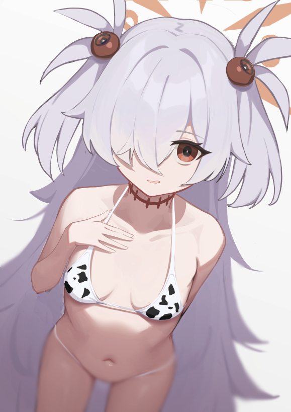 afe., kanoe (blue archive), blue archive, commentary, 1girl, alternate costume, animal print, bikini, breasts, brown halo, collarbone, cow print, cow print bikini, grey hair, hair over one eye, halo, hand up, long hair, looking at viewer, navel, open mouth, print bikini, red eyes, simple background, small breasts, solo, swimsuit, two side up, very long hair, wavy hair, white background