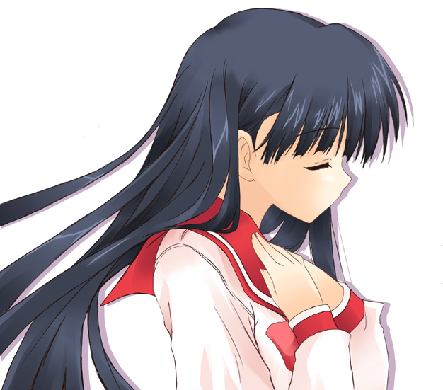 kusakabe yuuki (to heart 2), to heart (series), to heart 2, 00s, 1girl, black hair, closed eyes, female focus, floating hair, hands on own chest, profile, school uniform, serafuku, simple background, solo