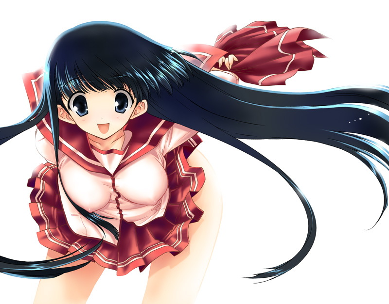 kazumi yoshiyuki, kusakabe yuuki (to heart 2), to heart (series), to heart 2, bad perspective, 00s, 1girl, ass, bent over, black hair, blue eyes, breasts, collarbone, female focus, floating hair, impossible clothes, long hair, looking at viewer, medium breasts, nipples, no bra, open mouth, poorly drawn, school uniform, see-through clothes, serafuku, smile, solo, very long hair
