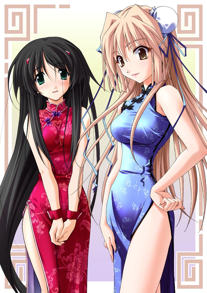 inori, nishimata aoi, hanamatsuri karin, misasagi inori, memories off, 2girls, black hair, blonde hair, brown eyes, bun cover, china dress, chinese clothes, double bun, dress, green eyes, hair bun, hand on own hip, long hair, multiple girls, thighs, very long hair