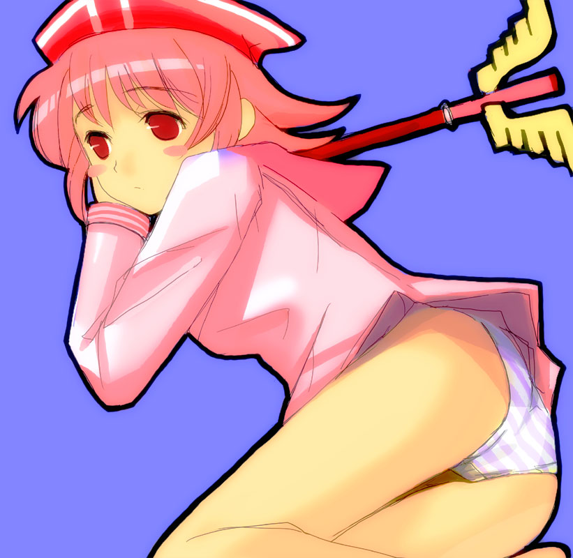 takashima, behoimi, pani poni dash!, 00s, 1girl, beret, blue panties, bottomless, female focus, hat, lying, no pants, on side, panties, pink eyes, pink hair, school uniform, serafuku, solo, striped clothes, striped panties, thigh gap, thighs, underwear