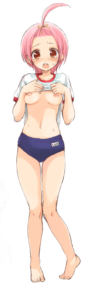 sakura koharu, kuzuryuu momoko, sumomomo momomo, long image, tall image, 00s, 1girl, ahoge, barefoot, blush, breasts, buruma, clothes lift, d:, female focus, gym uniform, navel, nipples, open mouth, pigeon-toed, pink hair, red eyes, shirt lift, short hair, solo, sweat