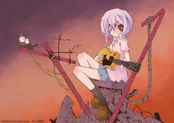 kuma jet, takkun, ayanami rei, takkun (flcl), flcl, neon genesis evangelion, 1girl, bandages, blue hair, cat, chain, crossover, electric guitar, eyepatch, female focus, gainaxtop, guitar, instrument, parody, red eyes, ruins, short hair, sitting, skirt, socks, solo