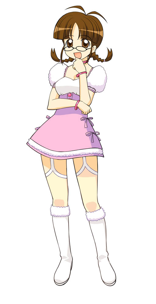 a1 (initial-g), akizuki ritsuko, idolmaster, idolmaster (classic), idolmaster 1, 00s, 1girl, ahoge, antenna hair, braid, breasts, brown eyes, brown hair, cute & girly (idolmaster), female focus, glasses, open mouth, simple background, smile, snow strawberry, solo, twin braids