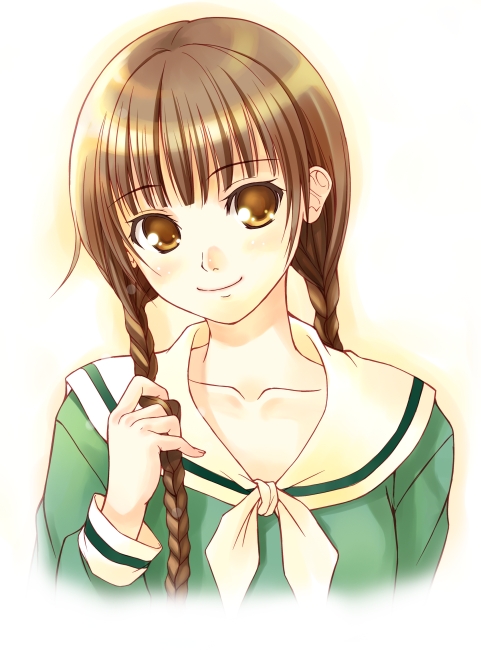 akamaru, shimazu yoshino, maria-sama ga miteru, 00s, 1girl, braid, brown eyes, brown hair, collarbone, female focus, hair over shoulder, long hair, school uniform, simple background, smile, solo, twin braids, twintails, white background