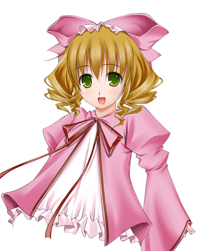 ribucci, hinaichigo, rozen maiden, 00s, 1girl, blonde hair, bow, dress, drill hair, female focus, green eyes, hair bow, long sleeves, looking at viewer, neck ribbon, puffy sleeves, ribbon, short hair, simple background, sleeves past wrists, smile, solo