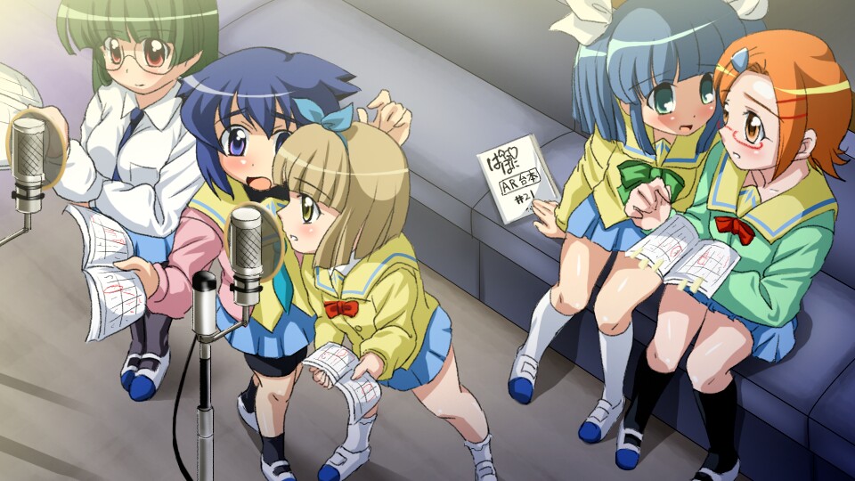 sanshita, kurusu yuzuko, serizawa akane, suzuki sayaka, tachibana rei, uehara miyako, pani poni dash!, black legwear, white legwear, 00s, 5girls, arm support, bike shorts, black hair, blonde hair, blue hair, blush, breasts, couch, from above, glasses, hair ornament, hair ribbon, hairclip, karaoke, long hair, medium breasts, microphone, microphone stand, multiple girls, music, neck ribbon, necktie, notebook, open mouth, orange hair, pantyhose, ribbon, school uniform, serafuku, shoes, short hair, singing, twintails, uwabaki, very long hair