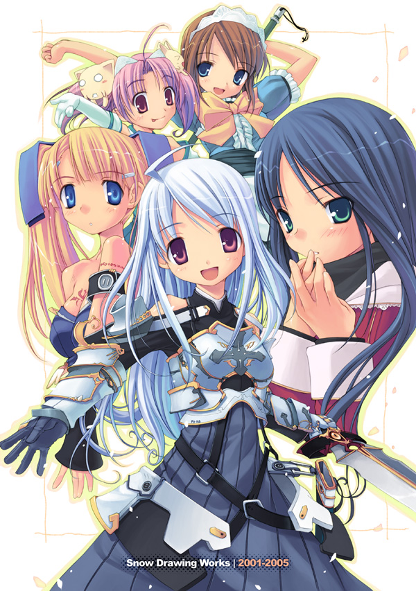 hiiro yuki, 5girls, armband, armor, blonde hair, blue eyes, blue hair, bow, cat, cherry blossoms, frills, gauntlets, gloves, green eyes, hair ornament, maid, multiple girls, pink eyes, pink hair, ribbon, sword, tattoo, weapon