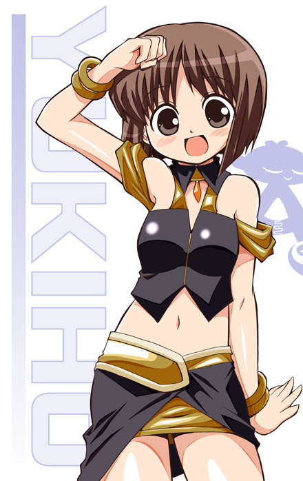 serebi ryousangata, hagiwara yukiho, idolmaster, idolmaster (classic), idolmaster 1, hand on forehead, 00s, 1girl, :d, arm support, arm up, bare shoulders, black eyes, black vest, blush, bracelet, brown eyes, brown hair, character name, cool & sexy (idolmaster), female focus, gem, jewelry, looking at viewer, midriff, miniskirt, navel, off shoulder, open mouth, short hair, skirt, sleeveless, smile, solo, stomach, vest