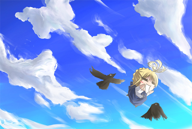 satomi (black scarecrow), artoria pendragon (fate), saber (fate), fate/stay night, fate (series), 00s, 1girl, ahoge, bird, blonde hair, chibi, chibi only, cloud, crow, day, female focus, flying, helicopter hair, solo