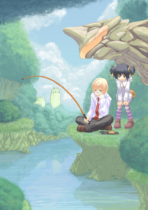 kanna ryouto, original, multicolored legwear, 1boy, 1girl, fishing, glasses, leggings, nature, necktie, outdoors, pantyhose, scenery, shadow, socks, striped clothes, striped pantyhose, striped thighhighs, thighhighs