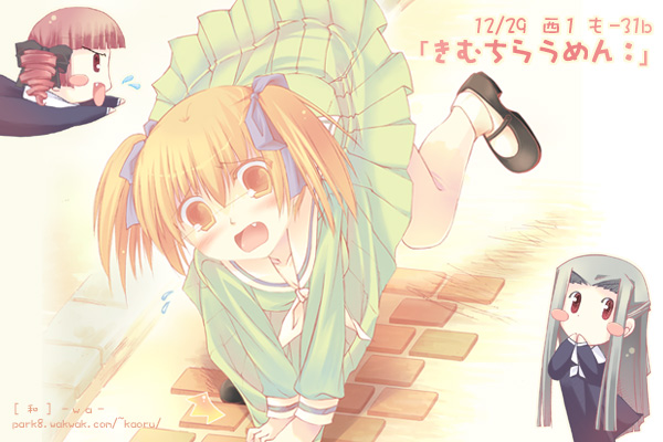 fukuzawa yumi, hosokawa kanako, matsudaira touko, maria-sama ga miteru, 00s, 3girls, blush, blush stickers, chibi, chibi inset, clothes pull, embarrassed, fang, mary janes, multiple girls, school uniform, serafuku, shoes, skirt, skirt pull, tripping