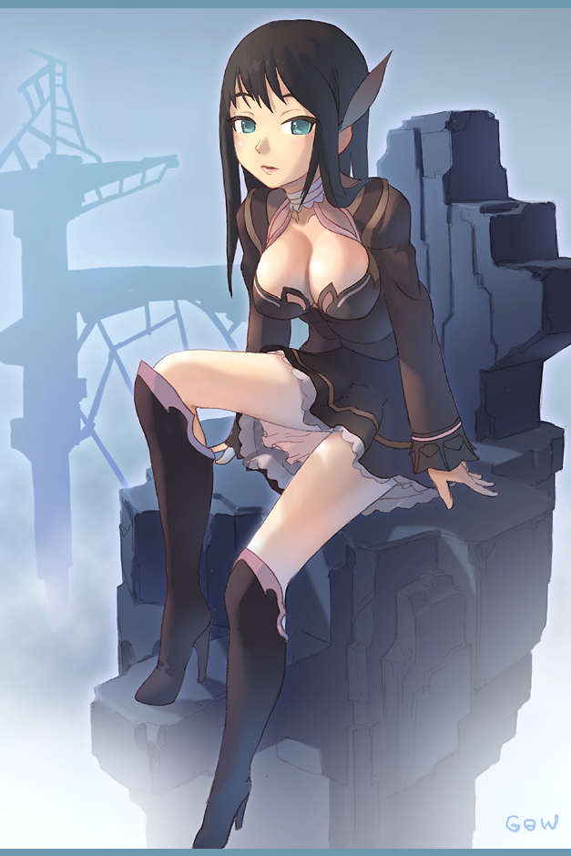 tougetsu gou, original, 1girl, arm support, black boots, black hair, boots, breasts, cleavage, female focus, high heel boots, high heels, knee boots, medium breasts, ruins, skirt, solo