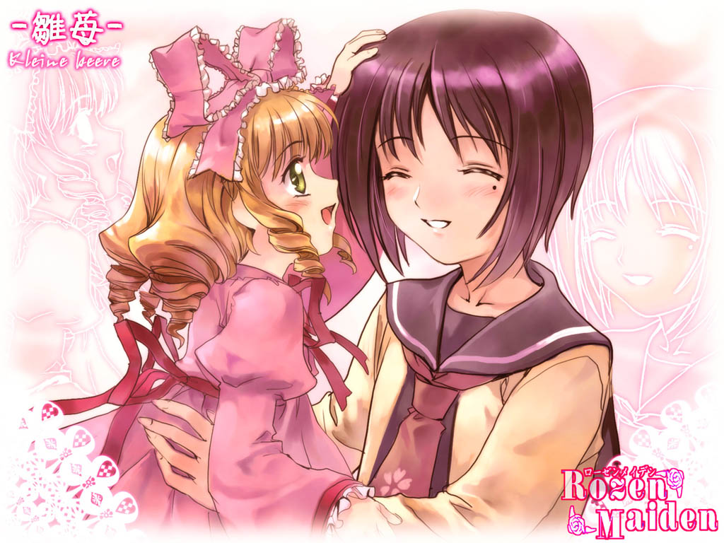 mutsuki (moonknives), hinaichigo, kashiwaba tomoe, gentosha, rozen maiden, 00s, 2girls, blonde hair, blue sailor collar, bow, drill hair, hair bow, long sleeves, mole, mole under eye, multiple girls, petite, pink bow, ribbon, sailor collar, school uniform, serafuku, size difference, smile