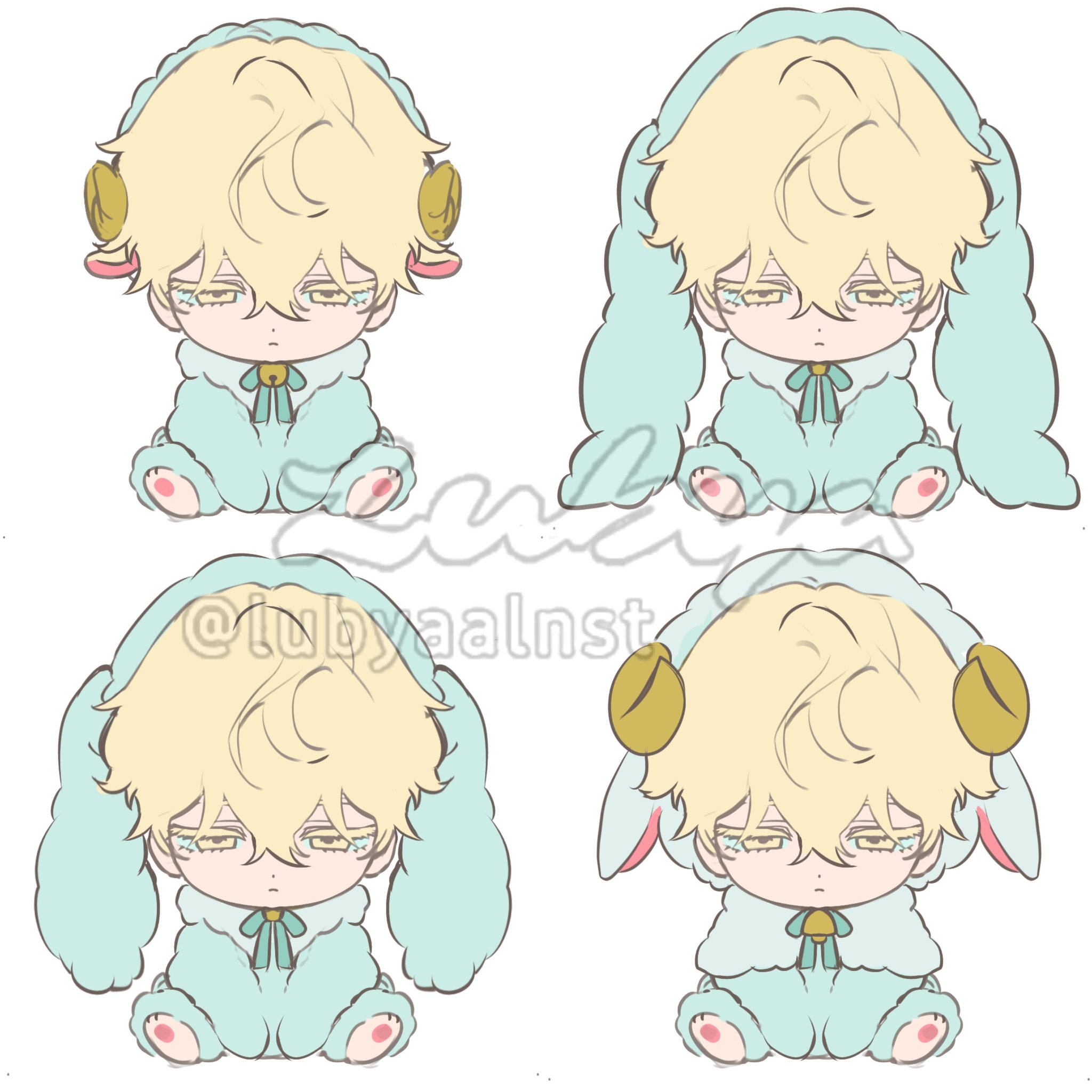 luka (alien stage), alien stage, commentary, english commentary, highres, 1boy, animal ears, bell, blonde hair, colored eyelashes, expressionless, fake animal ears, fur trim, lubya, male focus, multiple views, neck bell, rabbit ears, short hair, signature, watermark