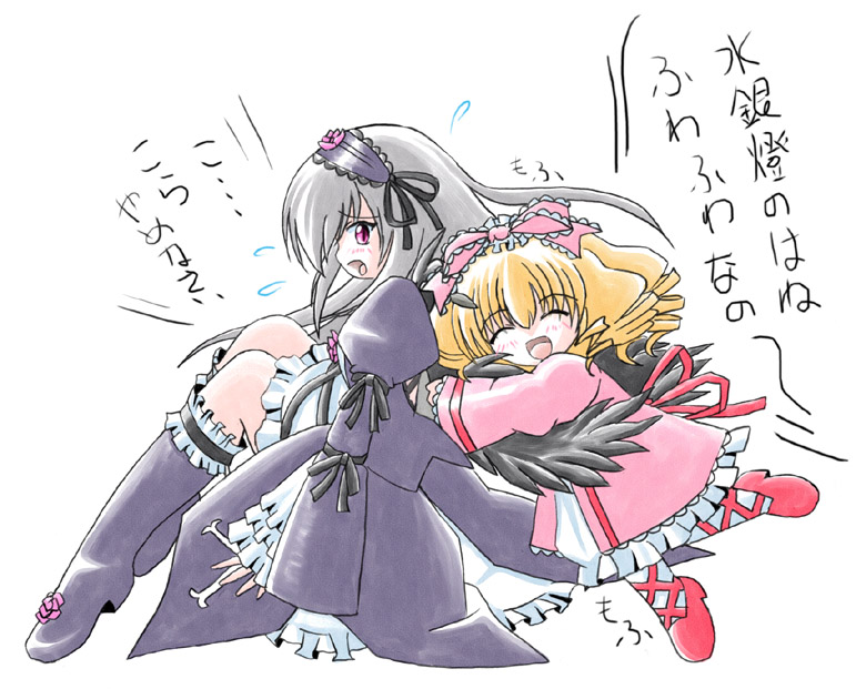 hinaichigo, suigintou, rozen maiden, translated, 00s, 2girls, ankle boots, black wings, blonde hair, boots, bow, dress, floating hair, flower, footwear ribbon, frills, glomp, grey hair, hair ribbon, hairband, hug, hug from behind, legs, long sleeves, looking back, multiple girls, pink bow, profile, ribbon, rose, simple background, sleeves past wrists, sweatdrop, wide sleeves, wings