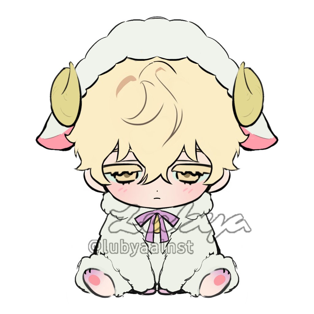 luka (alien stage), alien stage, commentary, english commentary, 1boy, animal ears, blonde hair, bow, bowtie, colored eyelashes, cow ears, cow horns, expressionless, fake animal ears, fake horns, horns, lubya, male focus, multiple views, purple bow, purple bowtie, short hair, signature, watermark