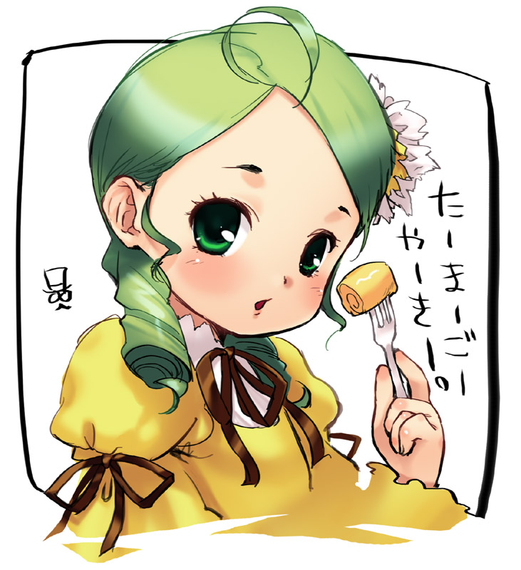 oshare kyoushitsu, kanaria, rozen maiden, 00s, 1girl, blush, facial hair, female focus, food, fork, green eyes, green hair, hat, matching hair/eyes, mustache, omelet, open mouth, simple background, solo, tamagoyaki, top hat, upper body, white background