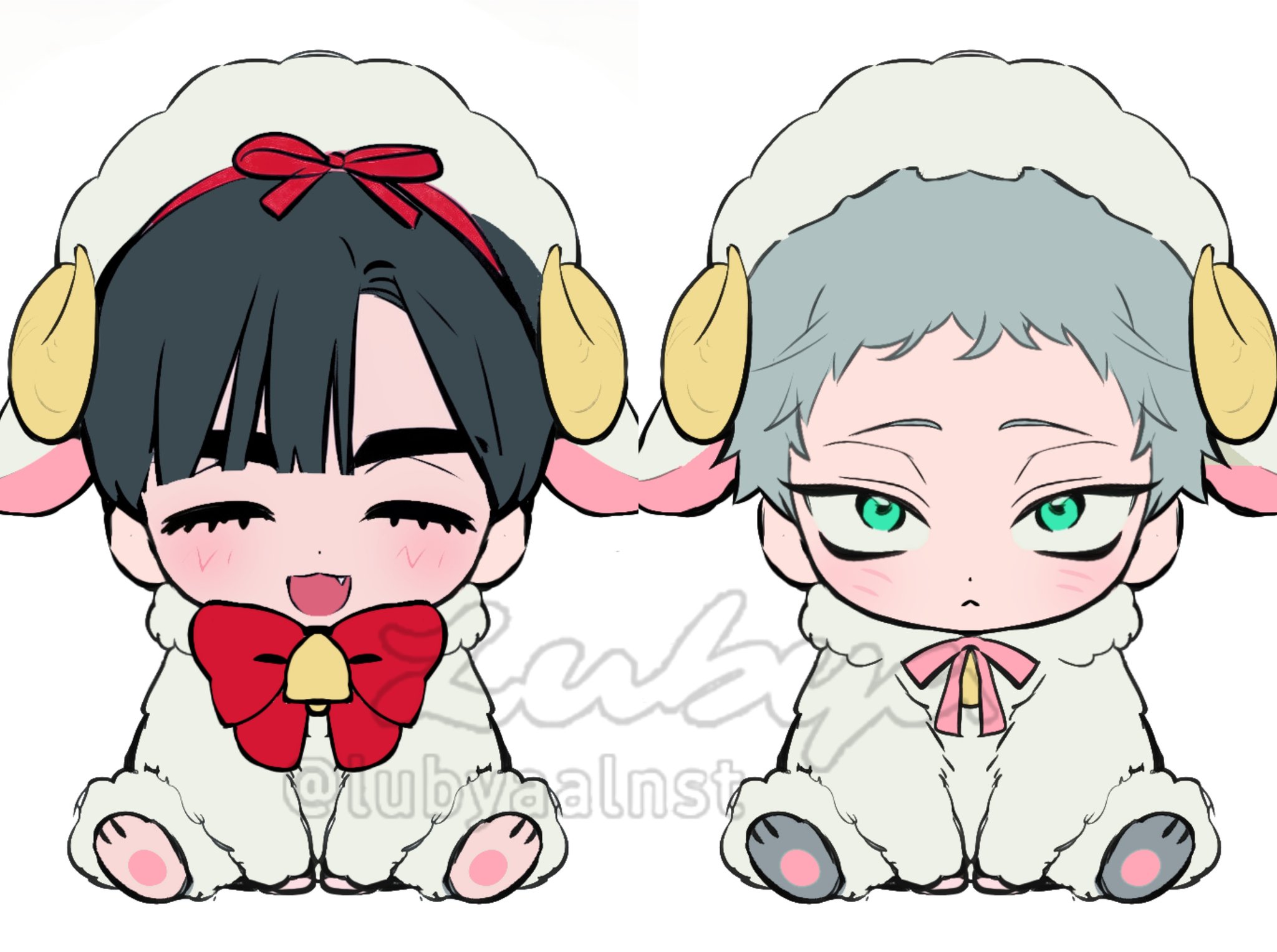 ivan (alien stage), till (alien stage), alien stage, commentary, hashtag-only commentary, highres, 2boys, animal ears, bell, black hair, bow, bowtie, closed eyes, cow ears, cow horns, cow tail, fake animal ears, fake horns, green eyes, grey hair, hood, hood up, horns, lubya, male focus, multiple boys, neck bell, open mouth, pink bow, pink bowtie, red bow, red bowtie, short hair, signature, sitting, smile, tail, watermark