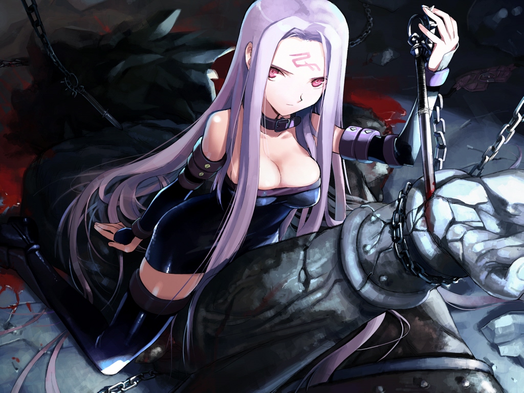 shimada fumikane, heracles (fate), medusa (rider) (fate), fate/stay night, fate (series), wallpaper, 00s, 1girl, blood, breasts, chain, cleavage, collar, dress, facial mark, forehead mark, kneeling, large breasts, long hair, nameless dagger (fate), pool of blood, purple hair, red eyes, strapless, strapless dress, thighhighs, very long hair