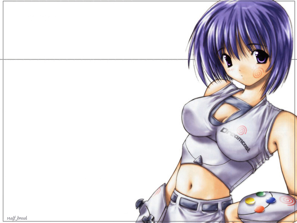 comic party, sega, 00s, 1girl, closed mouth, dot mouth, female focus, game console, mascot, personification, product girl, sega dreamcast, simple background, solo, white background