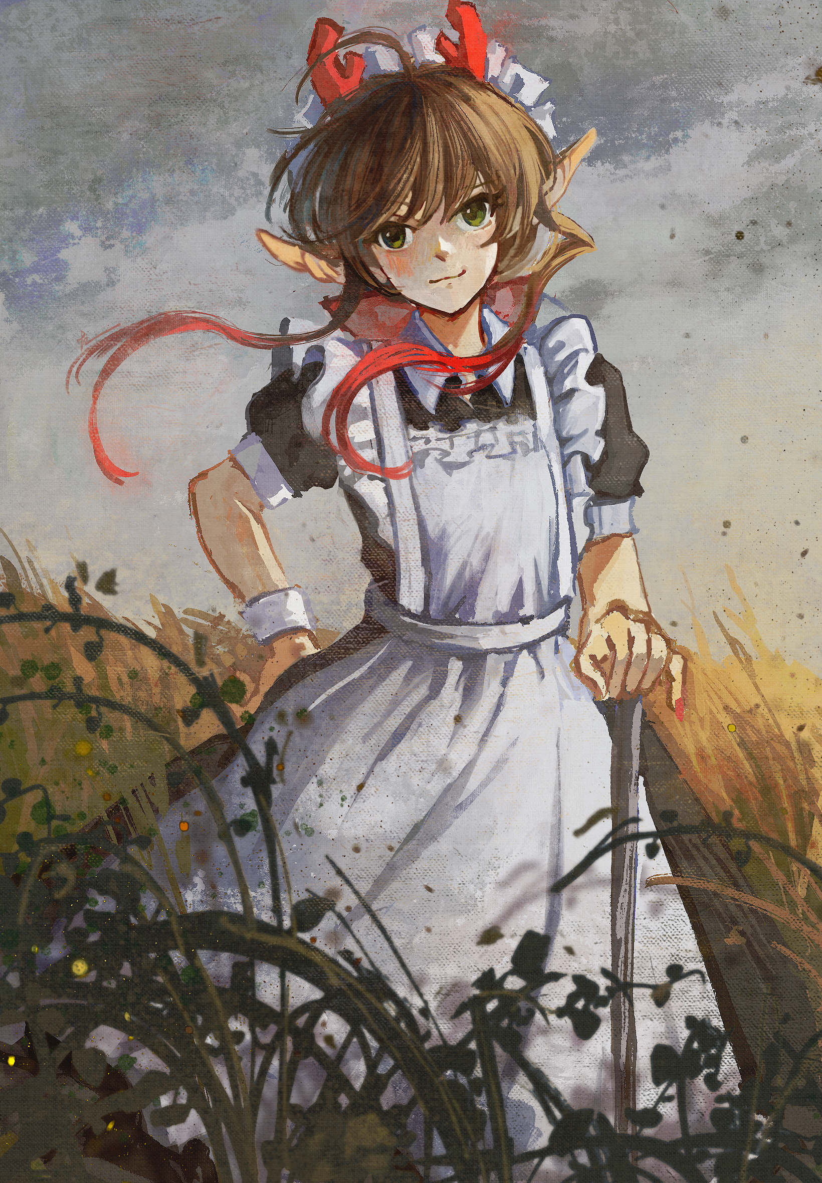 ge dazuo, original, highres, 1girl, animal ears, apron, black dress, brown hair, dress, feet out of frame, field, frilled apron, frills, horns, long hair, looking at viewer, maid apron, maid headdress, outdoors, red horns, short sleeves, solo, standing, white apron, wrist cuffs