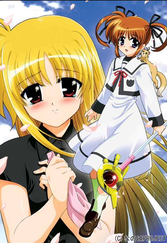 okuda yasuhiro, fate testarossa, raising heart, raising heart (device mode), takamachi nanoha, yuuno scrya, lyrical nanoha, mahou shoujo lyrical nanoha, 00s, 2girls, blonde hair, blush, bow, brown hair, cherry blossoms, cloud, day, ferret, hair bow, multiple girls, open mouth, petals, purple eyes, red eyes, red hair, school uniform, serafuku, short hair, sky, smile, socks, staff, tears, twintails
