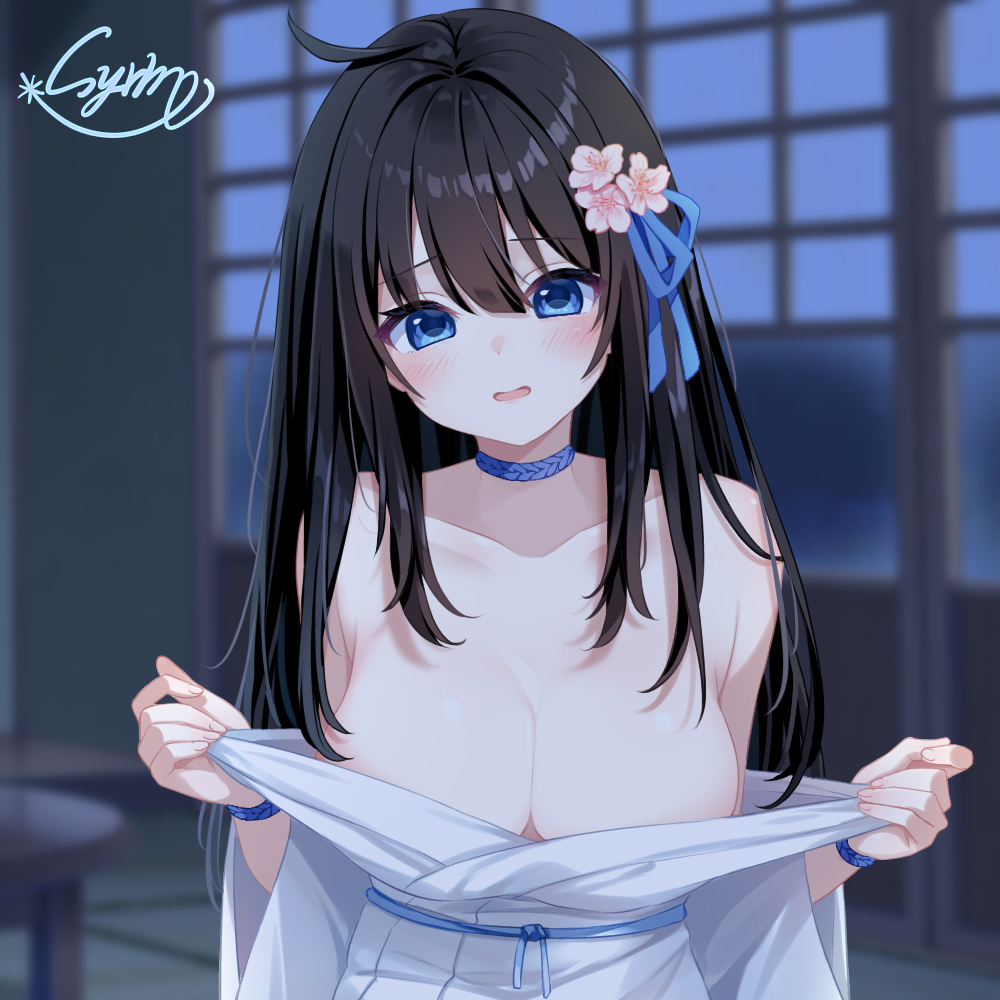 yunagi (arukumaruta), indie virtual youtuber, commentary request, 1girl, bare shoulders, black hair, blue choker, blue eyes, blue ribbon, blurry, blurry background, blush, bracelet, breasts, choker, cleavage, collarbone, flower, hair flower, hair ornament, hair ribbon, indoors, japanese clothes, jewelry, kimono, kimono pull, large breasts, long hair, looking at viewer, night, open mouth, otosaki rita, pink flower, ribbon, rope choker, shouji, signature, sliding doors, solo, table, upper body, virtual youtuber, white kimono