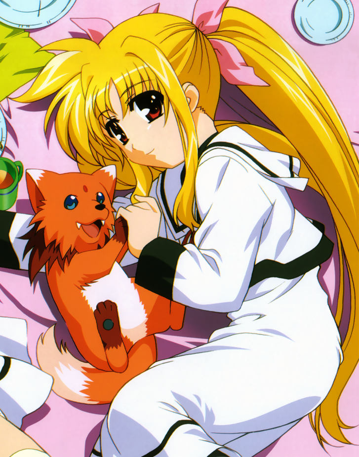 okuda yasuhiro, arf, fate testarossa, lyrical nanoha, mahou shoujo lyrical nanoha, mahou shoujo lyrical nanoha a's, 00s, 1girl, baby animal, blonde hair, blue eyes, bow, dog, fangs, female focus, hair bow, long hair, lying, on side, pantyhose, puppy, red eyes, school uniform, smile, solo, twintails