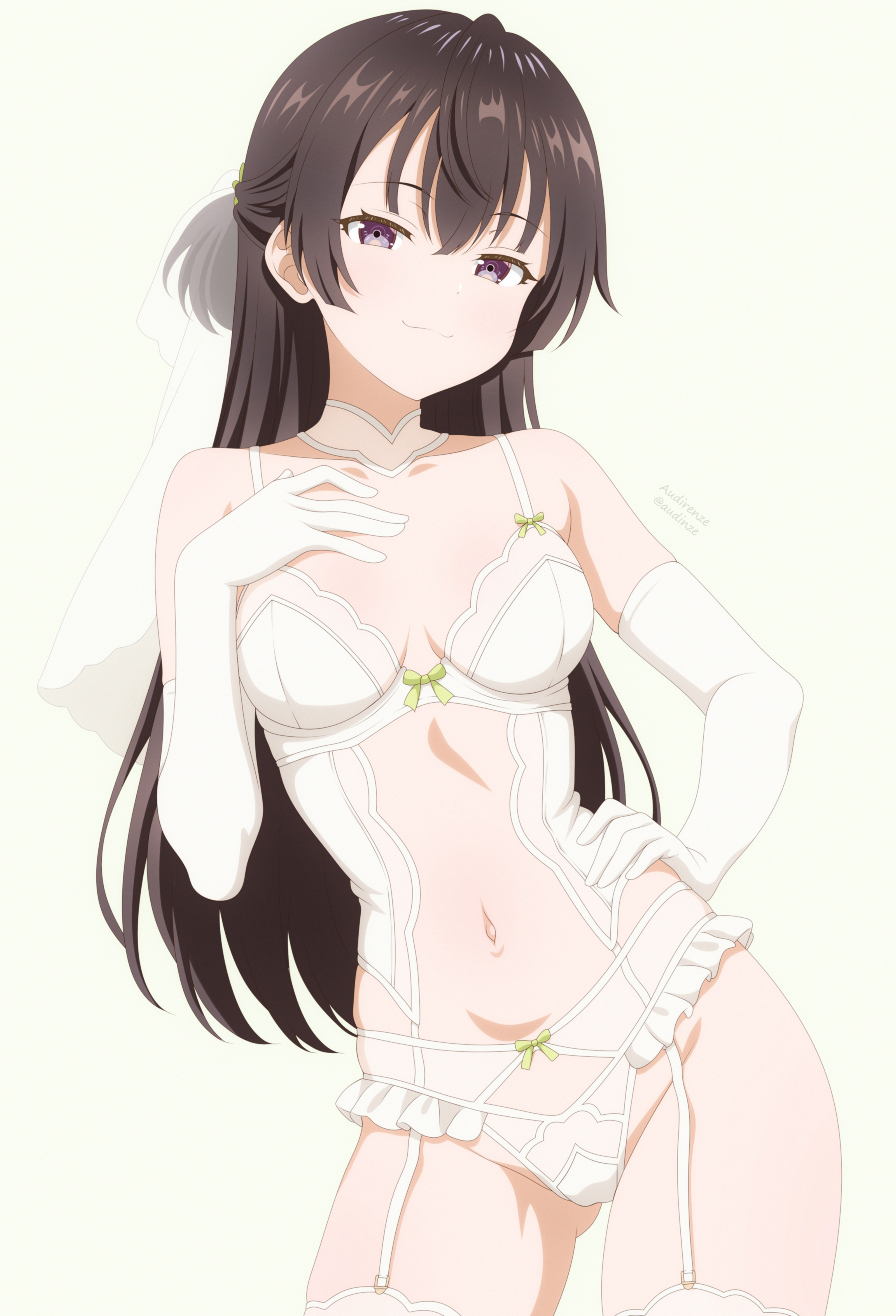 audirenze, suou yuki, tokidoki bosotto roshia-go de dereru tonari no alya-san, absurdres, commentary, highres, paid reward available, 1girl, artist name, black hair, breasts, bridal lingerie, bridal veil, elbow gloves, garter straps, gloves, hand on own hip, lingerie, long hair, looking at viewer, medium breasts, navel, panties, purple eyes, simple background, smile, smirk, solo, thighhighs, underwear, veil, white garter straps, white gloves, white panties, white thighhighs